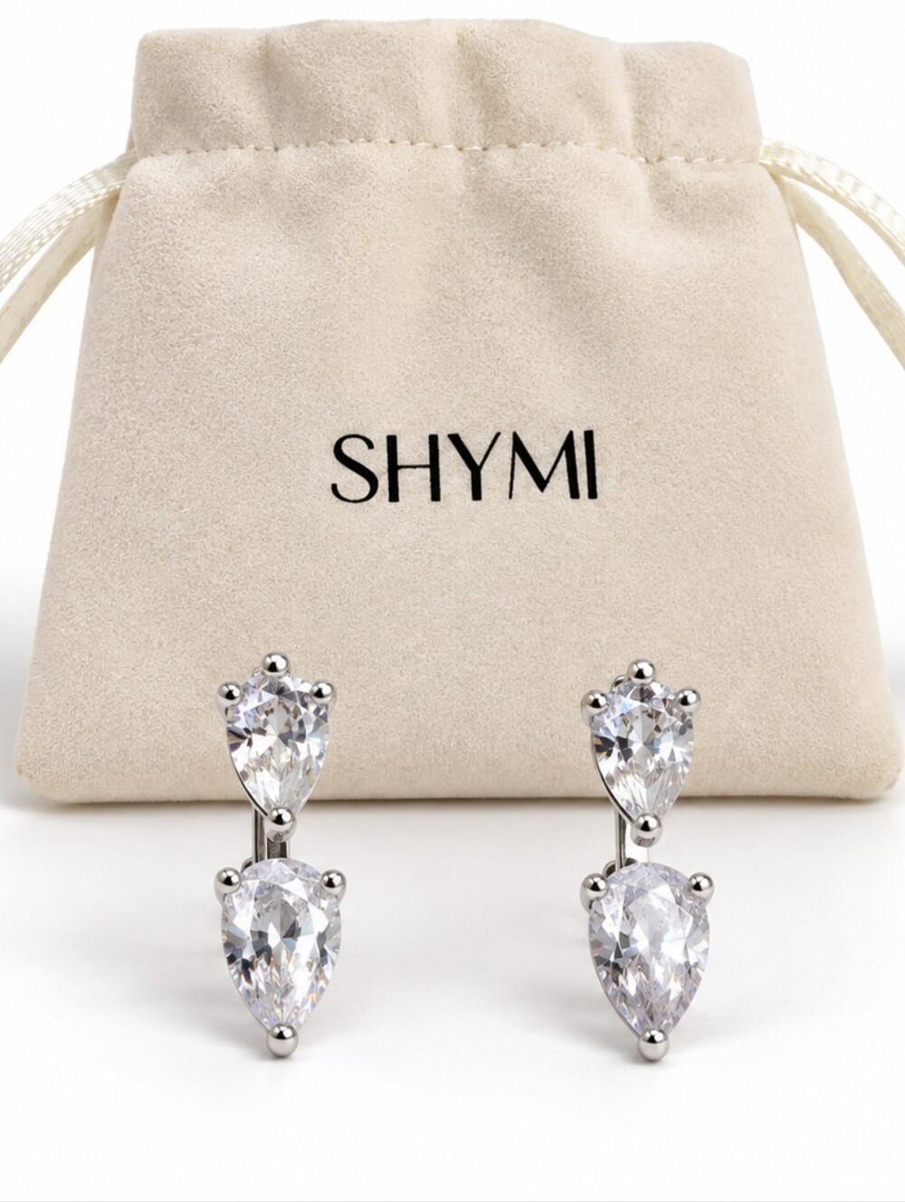 SHYMI Pear & Stud Ear Jacket Earrings Silver Tone CZ New with Pouch
